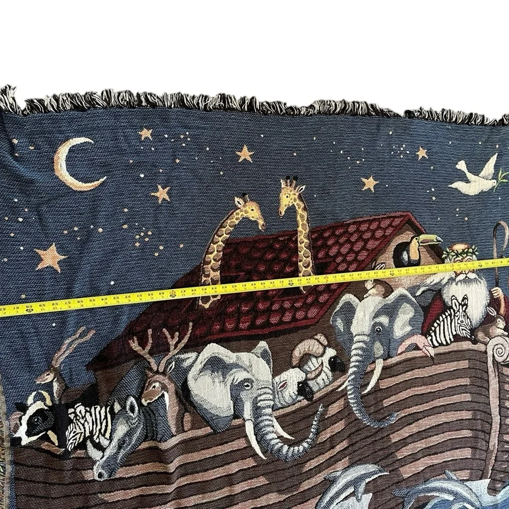 Vtg Woven Throw Blanket Noahs Ark Animals Fringed 65”x50”